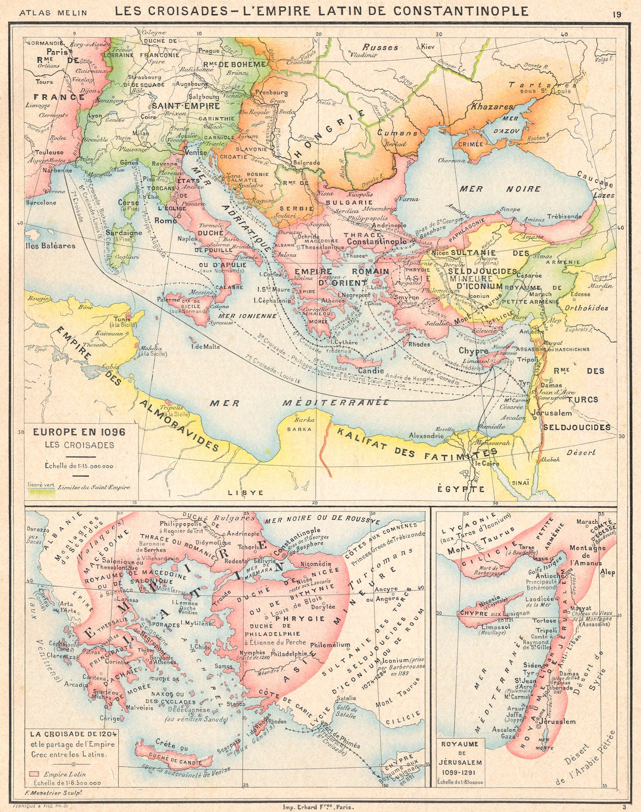 EUROPE.Croisades Crusades Byzantine Empire;latin;1096;1204;Jérusalem 1900 map